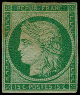 * FRANCE - Poste - 2, Marges Intactes, Signé + Certificat Calves (points De Rouille): 15c. Vert - 1849-1850 Cérès