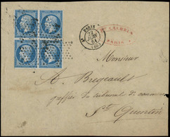 LET FRANCE - Poste - 14A, Type I, Bloc De 4 Obl étoile Sur Devant De Lettre, Cad Paris 22/6/61: 20c. Bleu - 1849-1876: Periodo Classico