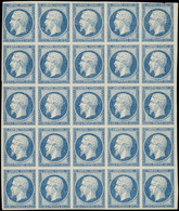 ESS FRANCE - Poste - 14A, Type I, Essai En Bleu, Impression Défectueuse, Bloc De 25 Dont 5 Ex Défectueux: 20c. Empire - 1853-1860 Napoleone III