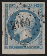 France N°14Af Bord De Feuille, 20c Bleu-laiteux, Oblitéré - SUPERBE - 1853-1860 Napoleon III