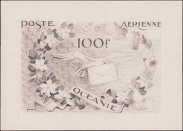 MAQ OCEANIE - Poste Aérienne - Type Non Adopté "100f. Colombe & Couronne De Fleurs", Maquette Au Crayon (200 X 130), Sig - Sonstige & Ohne Zuordnung