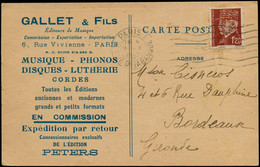 LET Musique - Poste - France, Pétain 1.20f. Brun Sur Carte Commerciale, Perforé "EG - Galet & Fils": Musique, Photo, Lut - Musik