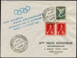 LET Jeux Olympiques - Poste - Grèce, Enveloppe 20/7/36 "Flamme Olympique" + Griffe Bleue "Von Olympia Nach Deutschland" - Sonstige & Ohne Zuordnung