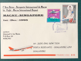 1995 MACAU INTER. AIRPORT FIRST FLIGHT COVER TO SINGAPORE - Cartas & Documentos