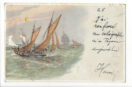 30168 - RARE Willy Stöwer Forte Mer Voilier Bateau Soleil Vagues Et Coques En Couleur Par Perforation Transparence 1901 - Voiliers