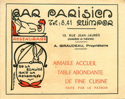 Quimper * Bar Parisien 13 Rue Jean Jaurès Restaurant A. GIRAUDEAU Propr. * Grande Carte De Visite Ancienne Illustrée - Quimper