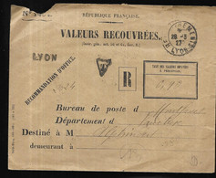 FRANCE LETTRE RECOMMANDEE Valeurs Recouvrées Du 26 03 1927  De Lyon Pour Le Vaucluse à Montfavet ( Quartier D' Avignon ) - Briefe U. Dokumente