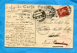 Marcophilie-carte Postale Cad Marseille1908 Pour DELHI*inde Réex >pondichéry Par Bombay - 1877-1920: Periodo Semi Moderno