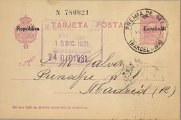 1931 BARCELONA ,  E.P. 61 CIRCULADO ENTRE PREMIÁ DE MAR Y MADRID , LLEGADA AL DORSO - 1850-1931