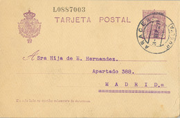 1927 HUELVA ,  E.P. 57 CIRCULADO ENTRE ARACENA Y MADRID - 1850-1931