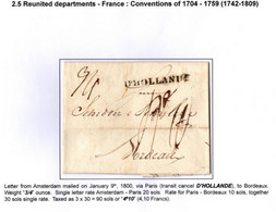 Lettre 1800 D'Amsterdam Pour Bordeaux - Griffe D'HOLLANDE - Via Paris - Taxed As 3x30 = 90 Sols Or 4,10francs - ...-1852 Prephilately