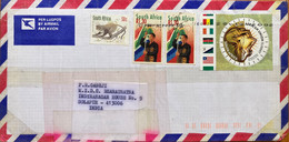 SOUTH AFRICA 2002, ROUND SHAPED AFRICAN UNION,FLAGS ,FLAG HOLDER ,MONKEY 4 STAMPS ,COVER TO INDIA - Brieven En Documenten