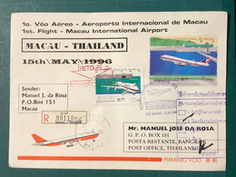 1996 MACAU INTERNATIONAL AIRPORT FIRST FLIGHT COVER TO BANGKOK, THAILAND - REGISTERED COVER - Lettres & Documents