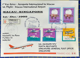 1995 MACAU INTERNATIONAL AIRPORT FIRST FLIGHT REGISTERED COVER TO SINGAPORE - Storia Postale