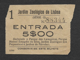 Portugal Ticket Ancienne Zoo De Lisbonne Jardim Zoológico De Lisboa Lisbon Zoo Old Ticket - Toegangskaarten