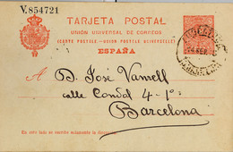 1915 BARCELONA  ,  E.P. 53 CIRCULADO ENTRE ARGENTONA Y BARCELONA - 1850-1931