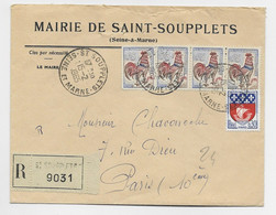 COQ DECARIS 25C BANDE DE 4+ 30C BLASON LETTRE REC SAINT SOUPPLETS 15.2.1965 SEINE ET MARNE - 1962-1965 Hahn (Decaris)