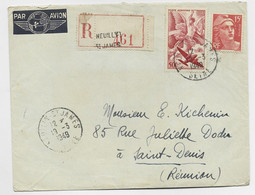 GANDON  15FR+ PA 50FR LETTRE REC AVION NEUILLE ST JAMES 19.3.1949 POUR ST ILE DE LA REUNION + ETIQUETTE DOAUNE - Storia Postale