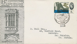 GB SPECIAL EVENT POSTMARK 1965 EAST MIDLANDS FEDERATION OF STAMP CLUBS CONVENTION RUGBY WARWICKSHIRE - Lettres & Documents