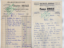 VP19.698 - 1947 / 57 - Facture & Lettre - Electricité Charles BRULE à VILLERS - COTTERETS Pour Mr DELEON à HARAMONT - Electricité & Gaz
