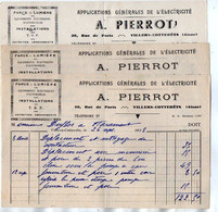 VP19.699 - 1938 / 39 - 3 Factures - Electricité A. PIERROT à VILLERS - COTTERETS Pour Mr DUFLOS à HARAMONT - Electricidad & Gas