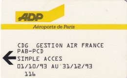 FRANCE - ADP(Aeroports De Paris) Magnetic Member Card, Exp.date 31/12/93, Used - Airplanes