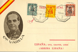 1937 T.P. PATRIÓTICA , MAT, AMBULANTE EXPRESS SEVILLA - CADIZ , PATRIÓTICOS DE CÁDIZ , GENERAL VARELA - Storia Postale