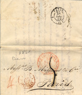 1850 BARCELONA , CARTA CIRCULADA A PARIS , BAEZA EN ROJO , TRÁNSITO DE PERPIGNAN , LLEGADA - ...-1850 Voorfilatelie