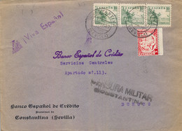 1937 , SOBRE DEL BANCO ESPAÑOL DE CRÉDITO DE CONSTANTINA CIRCULADO A BURGOS , LLEGADA , CENSURA MILITAR - Cartas & Documentos