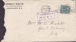 Canada GREELY KOLTS, VANCOUVER 1910 (Purple) Boxed GENERAL DELIVERY Cds. 1c. Edward VII. Stamp (2 Scans) - Covers & Documents