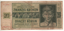BOHEMIA & MORAVIA  20 Korun    P9a    (dated 24.01.1944)   " Boy + Arms At Back " - Czechoslovakia