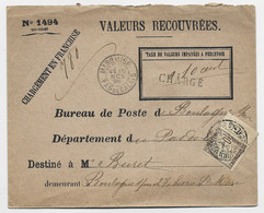 TAXE 10C BDF BOULOGNE S MER PAS DE CALAIS 1898 ENVELOPPE VALEURS RECOUVREES MARQUISE 10 NOV 1898 - Portomarken