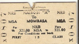 Kenya 1986 -  Kenyan Railways, Ticket De Nairobi à Mombasa , First Class - Mundo