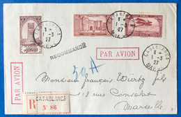 Maroc N°64 Et PA N°8 (x2) Sur Enveloppe Recommandée TAD Casablanca 1.3.1927 Pour Marseille - (B3381) - Airmail
