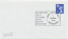 GB SPECIAL EVENT POSTMARK Picture Card MPB 13 Victorian Stamp Machine BIRMINGHAM - First Day Of Sale - 1 March 1982 - - Variétés, Erreurs & Curiosités