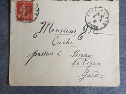 FRANCE - Lettre 1918 - Cad Gare De Nîmes Gard  -affr Semeuse Pour Pasteur A Bréau Le Vigan - 1877-1920: Semi-moderne Periode