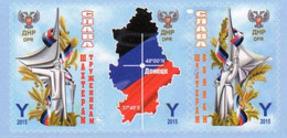Russian Occupation Of Ukraine ( DNR ) 2015 First Definitives State Map And Flag Miner's Day Strip Of 3 Stamps Mint - Unused Stamps