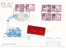 59213 - DDR - 1988 - 6@15Pfg Kl.Bauten A W-Bf (100 M) POTSDAM - 150 JAHRE POTSDAMER EISENBAHN-WERKSTAETTEN -> LUEBBEN - Treinen