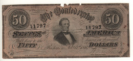 USA  Confederates  $ 50  L P70 Dated 1864   " President Jefferson Davies  " - Valuta Della Confederazione (1861-1864)