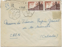 LETTRE RECOMMANDEE AFFRANCHIE N°1042 X2 -OBLITERATION OCTOGONAL AVRANCHES 19-1-1957 B B - - Manual Postmarks