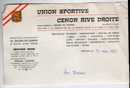 Cenon (33 Gironde)  Letre à Entête UNION SPORTIVE CENON RIVE DROITE  1971   (PPP37331) - Otros & Sin Clasificación