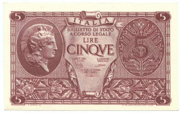 5 LIRE BIGLIETTO STATO ATENA LUOGOTENENZA UMBERTO CAVALLARO 23/11/1944 SUP+ - Regno D'Italia – Autres