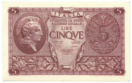 5 LIRE BIGLIETTO STATO ATENA LUOGOTENENZA UMBERTO CAVALLARO 23/11/1944 SUP+ - Andere