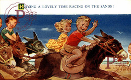 TAYLOR ILLUSTRATION. HAVING A LOVELY TIME RACING ON THE SANDS!. SEASIDE KIDDY BAMFORTH CHILDRENS BURROS DONKEYS ÂNES - Taylor