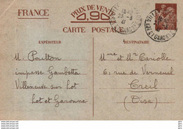 FRANCE-Entier Postal Interzone ( Type Iris) Censure Verso Villeneuve Sur Lot Pour Creil - Standaardpostkaarten En TSC (Voor 1995)
