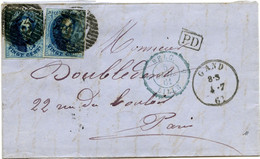 BELGIQUE - MEDAILLON N°11X2 (1 TOUCHE) OBLITERES P45 GAND SUR LETTRE AVEC CORRESPONDANCE POUR PARIS, 1861 - 1858-1862 Medaglioni (9/12)