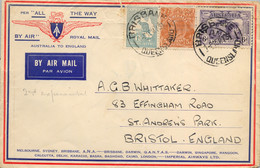 1931 AUSTRALIA , SOBRE CIRCULADO ,  YV. 10 , KANGOROO 1 SHILLING , YV. 30 GEORGE V , YV. 3 AER. , BRISBANE - BRISTOL - Covers & Documents