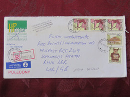 Poland 2001 Registered Cover To England - Houses - Zodiac Taurus Sagittarius Bow Motorcycle - Lettres & Documents