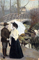 CPA Fantaisie Couple Devant Un Pont - Ombrelle - Envoyé En 1905 à Pont Allant - Autres & Non Classés