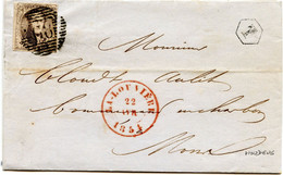 BELGIQUE - N°6 OBLITERATION A BARRES 68 + TAD LA LOUVIERE + BOITE RURALE T SUR LETTRE AVEC CORRESPONDANCE D'HOUDENG,1854 - Balkenstempel: Bahnpoststempel